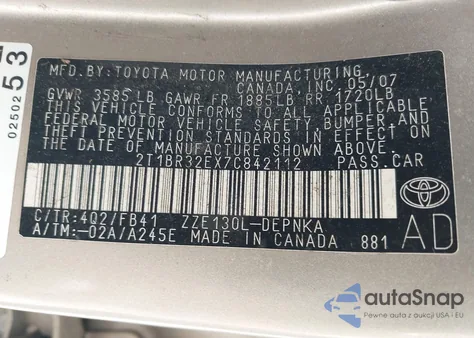 2007 Toyota Corolla Le из США, поврежденный, VIN 2T1BR32EX7C842112